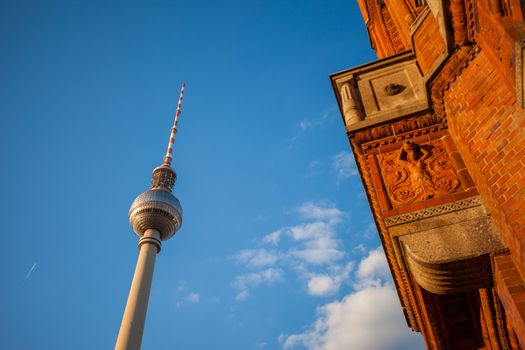 Wide angle view of Rotes Rathaus and Fernsehturm (TV Tower), Berlin