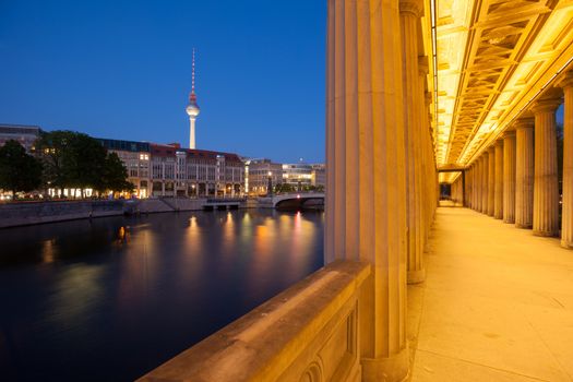 Berlin's River Spree with columns in the foreground and TV Tower (Fernsehturm)