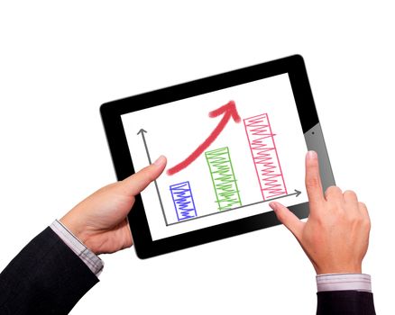 holding touch screen tablet and shows tablet in hand With graph