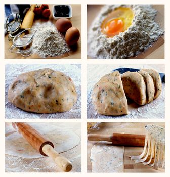 Collage of Preparing Homemade Fresh Pasta Tagliatelle with Black Olives, Tomatoes and Herbs closeup