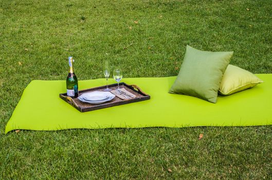 Outdoor picnic with wine, wine glasses, outdoor fabric and pillows