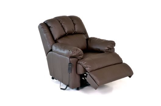 Brown reclining leather chair with controls on white background