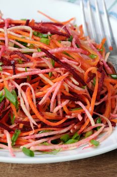 plate salad of shredded raw beets, and carrots  on celery root  close-up