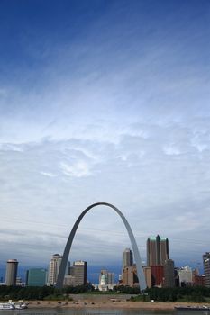 View of St. Louis and the historic Gateway Arch in Missouri, from across the Mississippi River in Illinois.