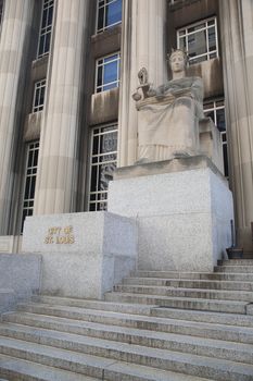 Mel Carnahan Courthouse. Equal Justice statue at the former Federal Courthouse in St. Louis, Missouri. The building was constructed in 1935 with allegorical figures.