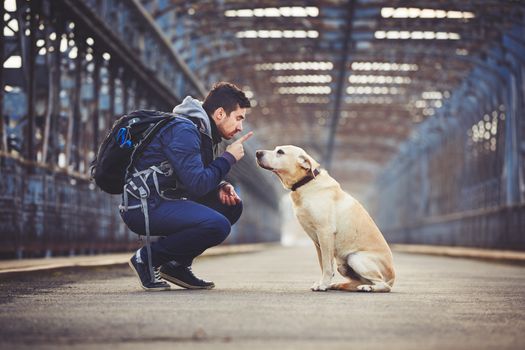 Man walking with his yellow labrador retriever on the old bridge