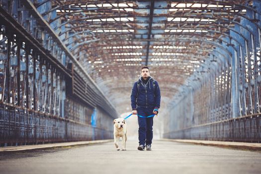 Man walking with his yellow labrador retriever on the old bridge