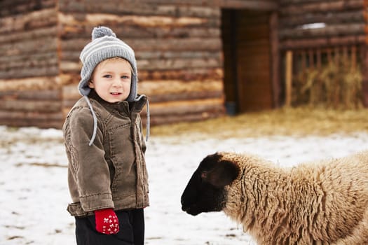 Little boy on the farm in winter