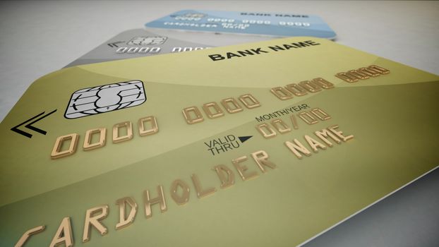 3d rendering. Set of color credit cards isolated on white background.
