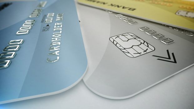 3d rendering. Set of color credit cards isolated on white background. Shopping Concept.