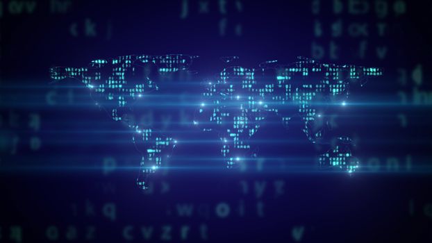 Major cities blinking on world map. Binary code background.