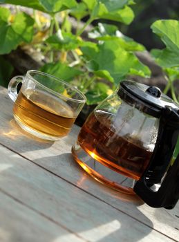 Happy lifestyle with tea pot and cup at garden, relaxation when enjoy a drink at tea time