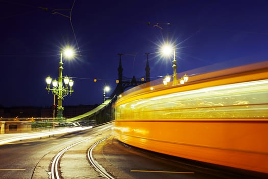 Tram on Liberty Bridge (Freedom Bridge) in Budapest, Hungary