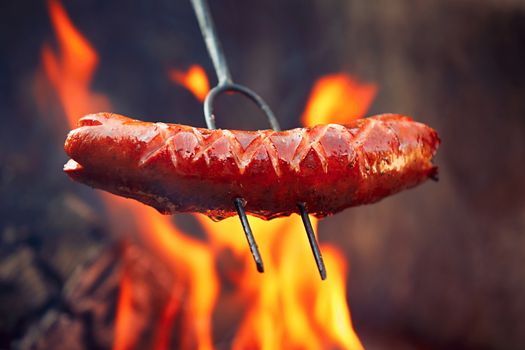 Sausage over the bondfire in nature - selective focus