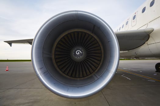 Engine of the airplane at the airport