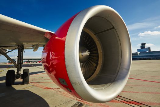 Engine of the airplane at the airport