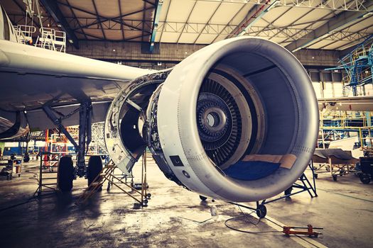 Engine of the airplane under heavy maintenance