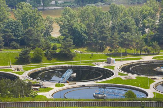 Waste water treatment plant - groups of storage tanks with waste water 