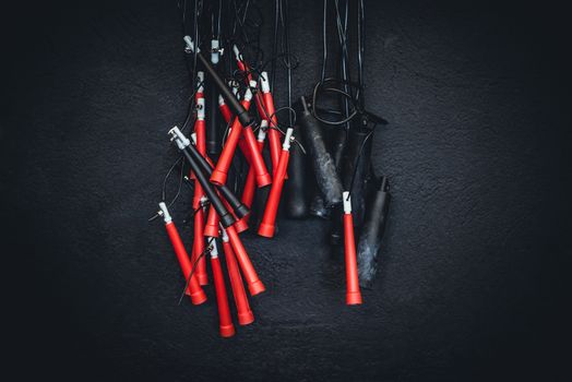 Detail shot of jump ropes at a gym.