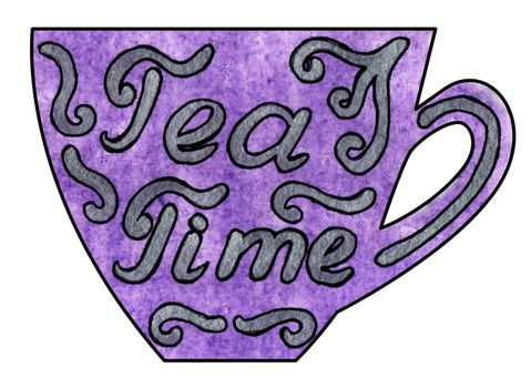 Cup of tea and coffee. Handmade. Watercolor, Mixed media. Cut paper. Lettering Tea time on a purple background