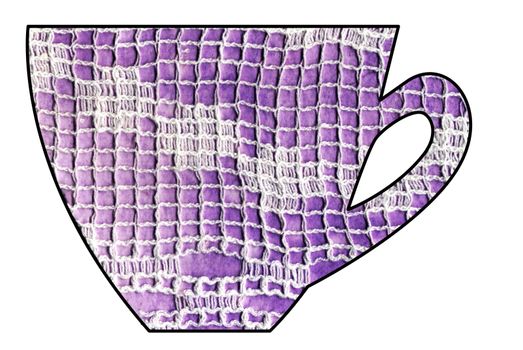 Cup of tea and coffee. Handmade. Watercolor, Mixed media. Cut paper. Tea time. Purple background with lace