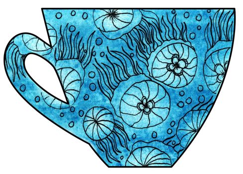 Cup of tea and coffee. Handmade. Watercolor, Mixed media. Cut paper. Tea time. Drawing jellyfish in the sea