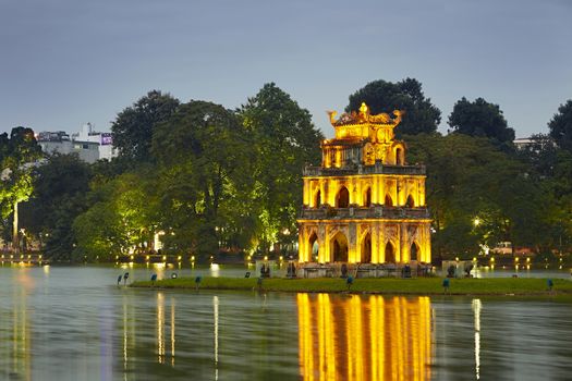 Hoan Kiem Lake (Lake of the Returned Sword) and Turtle Tower in Hanoi - Vietnam