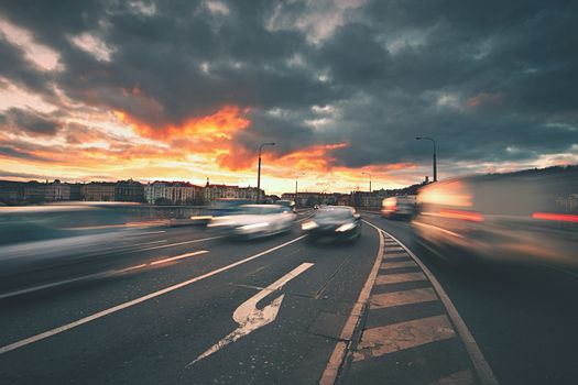 Traffic at the sunset, Prague - blurred motion