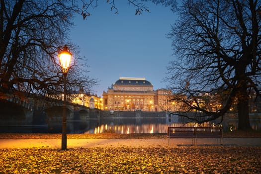 City park and National Theatre in Prague, Czech Republic