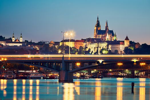 Night view of illuminated old city. Skyline with Prague Castle. Prague is the capital and largest city of the Czech Republic.
