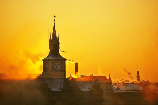 Mystery fog in sunrise in Prague, Czech Republic. 