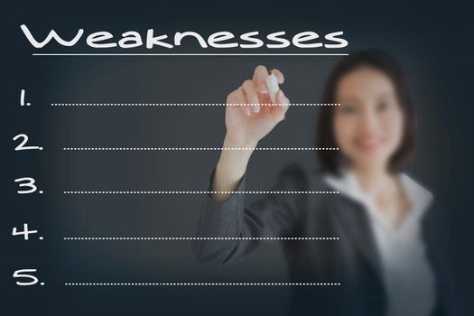 Beautiful businesswoman writing list of business weakness comparison 