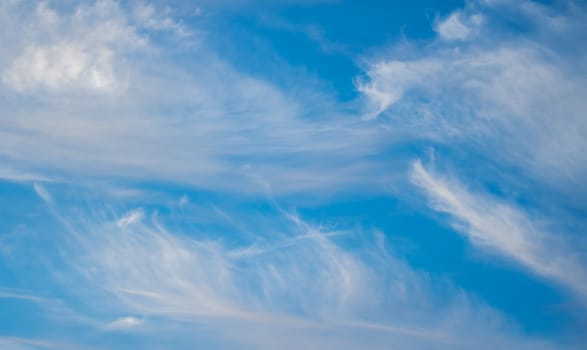 Blue boundless sky with the fluffy white clouds