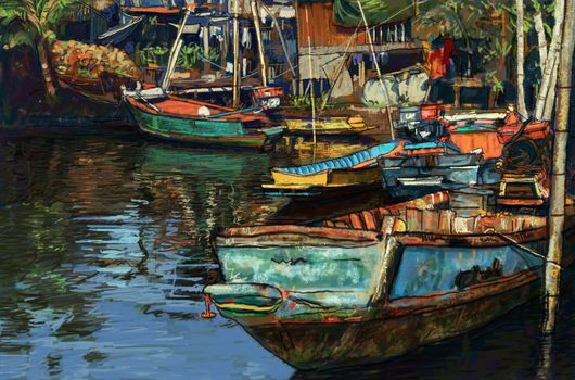 Digital painting of fishing boat on canal in Thailand, oil color style