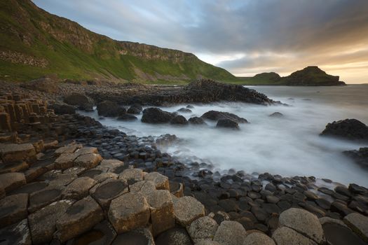 Dusk at the Giants Causeway in County Antrim in Northern Ireland. A UNESCO World Heritage Site.