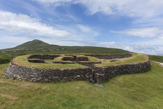 Leacanabuile Stone Fort near Cahirsiveen in southwest Ireland. This stone fort or Cashel was built in the 9th or 10th century and was a protected farmstead.