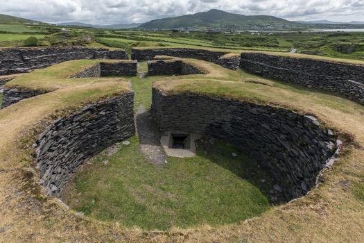 Leacanabuile Stone Fort near Cahirsiveen in southwest Ireland. This stone fort or Cashel was built in the 9th or 10th century and was a protected farmstead.