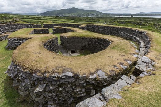 Leacanabuile Stone Fort near Cahirsiveen in southwest Ireland. This stone fort or Cashel was built in the 9th or 10th century and was a protected farmstead.