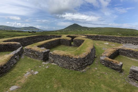 Leacanabuile Stone Fort near Cahirsiveen in southwest Ireland. This stone fort or Cashel was built in the 9th or 10th century and was a protected farmstead.