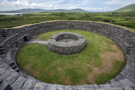 Cahergall Stone Fort near Cahirsiveen in southwest Ireland. This stone fort or Cashel was built as a protected farmstead. It is likely that someone of local importance lived here about a 1000 years ago.