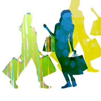 white background with girls and shopping bags