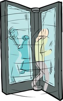 Illustration of blurry people moving through revolving door