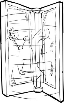 Outline sketch of blurry people moving through revolving door