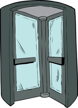 Cartoon revolving door in doorway on isolated background
