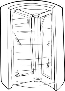 Outlined cartoon doorway with spinning revolving door