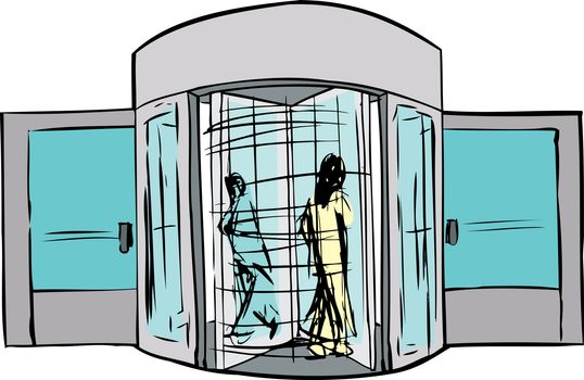 Sketch of two people moving through revolving doorway