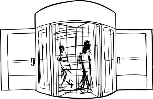 Outline of two people moving through revolving doorway