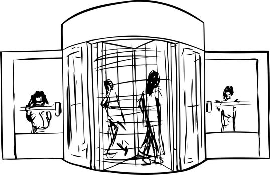 Outlined revolving door entrance with group of people