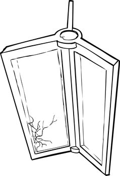 Outlined sketch of revolving door with shattered glass