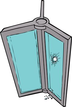 Hand drawn illustration of revolving door with broken glass